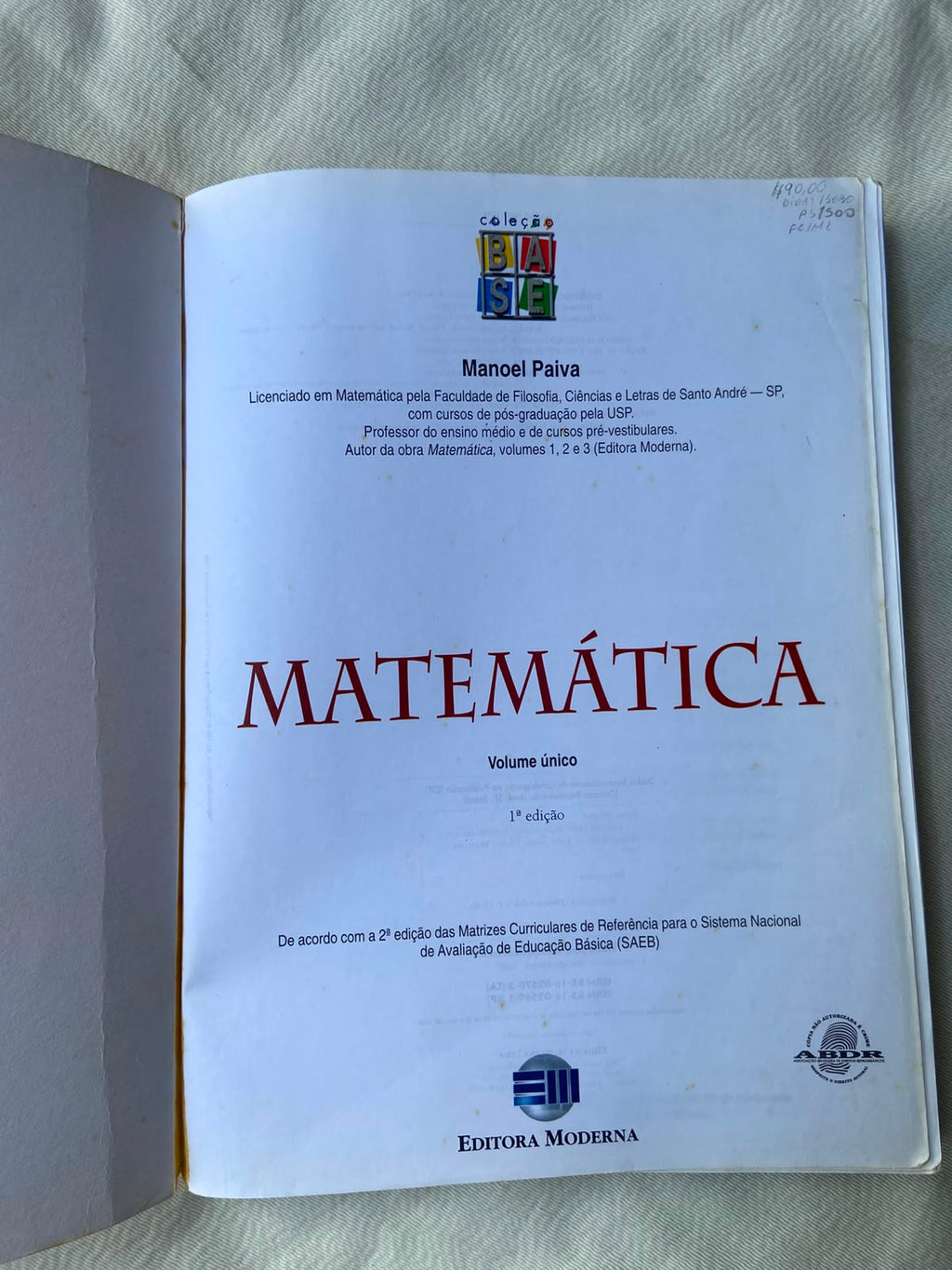 Livro Matemática Manoel Paiva Coleção Base Vol Único (Usado)