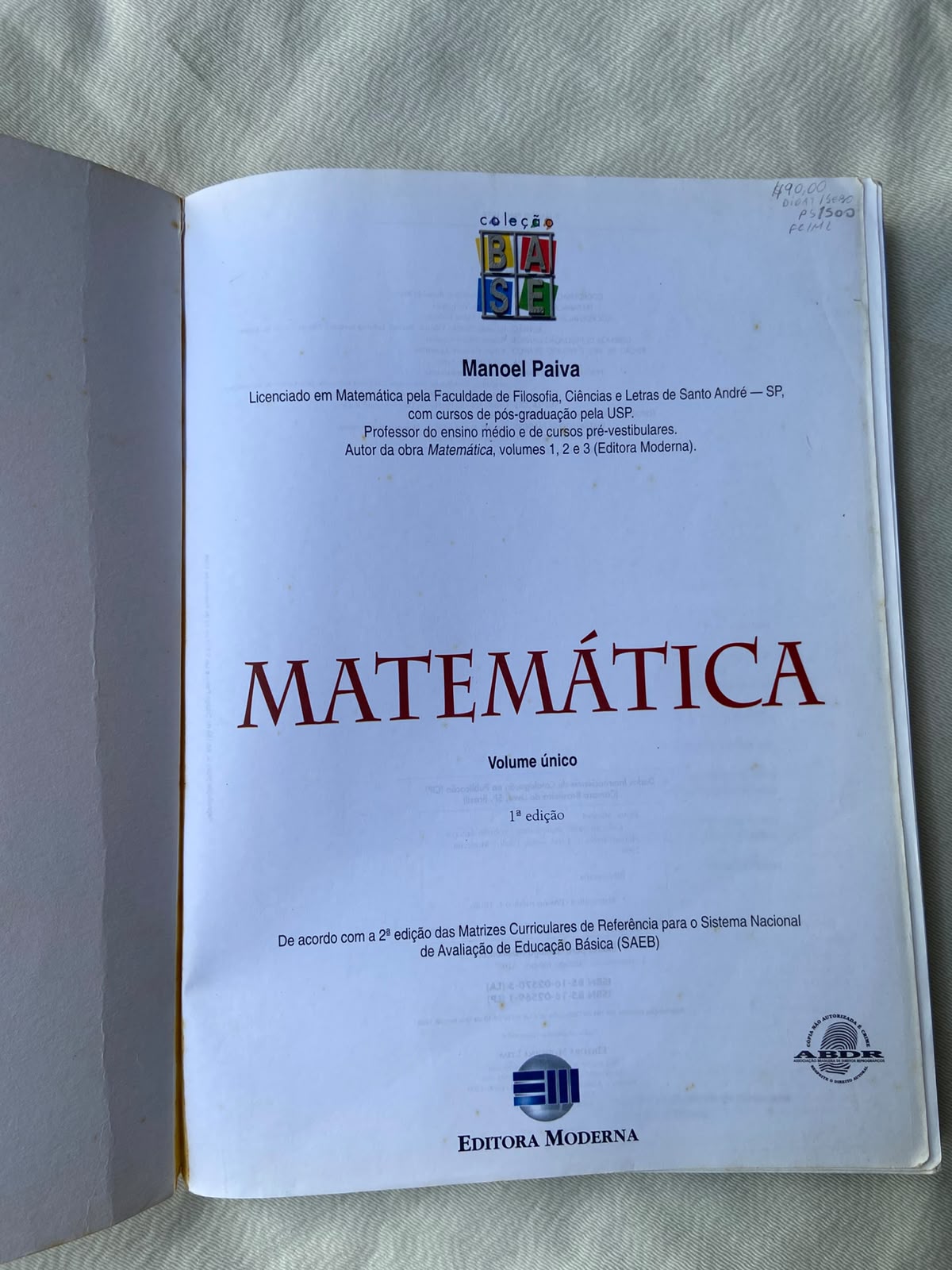 Livro Matemática Manoel Paiva Coleção Base Vol Único (Usado)